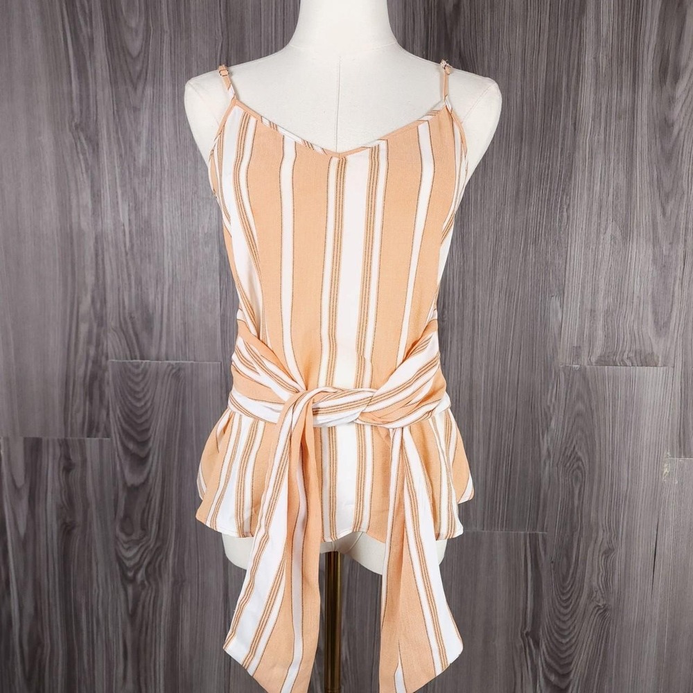 MINE Womens Orange White Striped Tie Waist Cami Peplum Tank Top Small TB4900